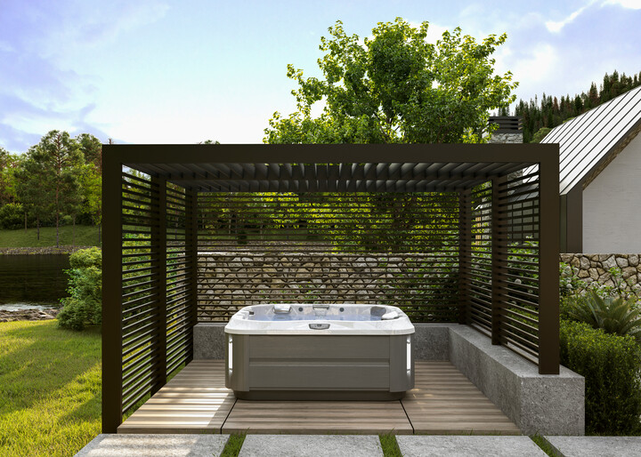 hot tub lanscaping ideas - hot tub under a pergola with stone wall